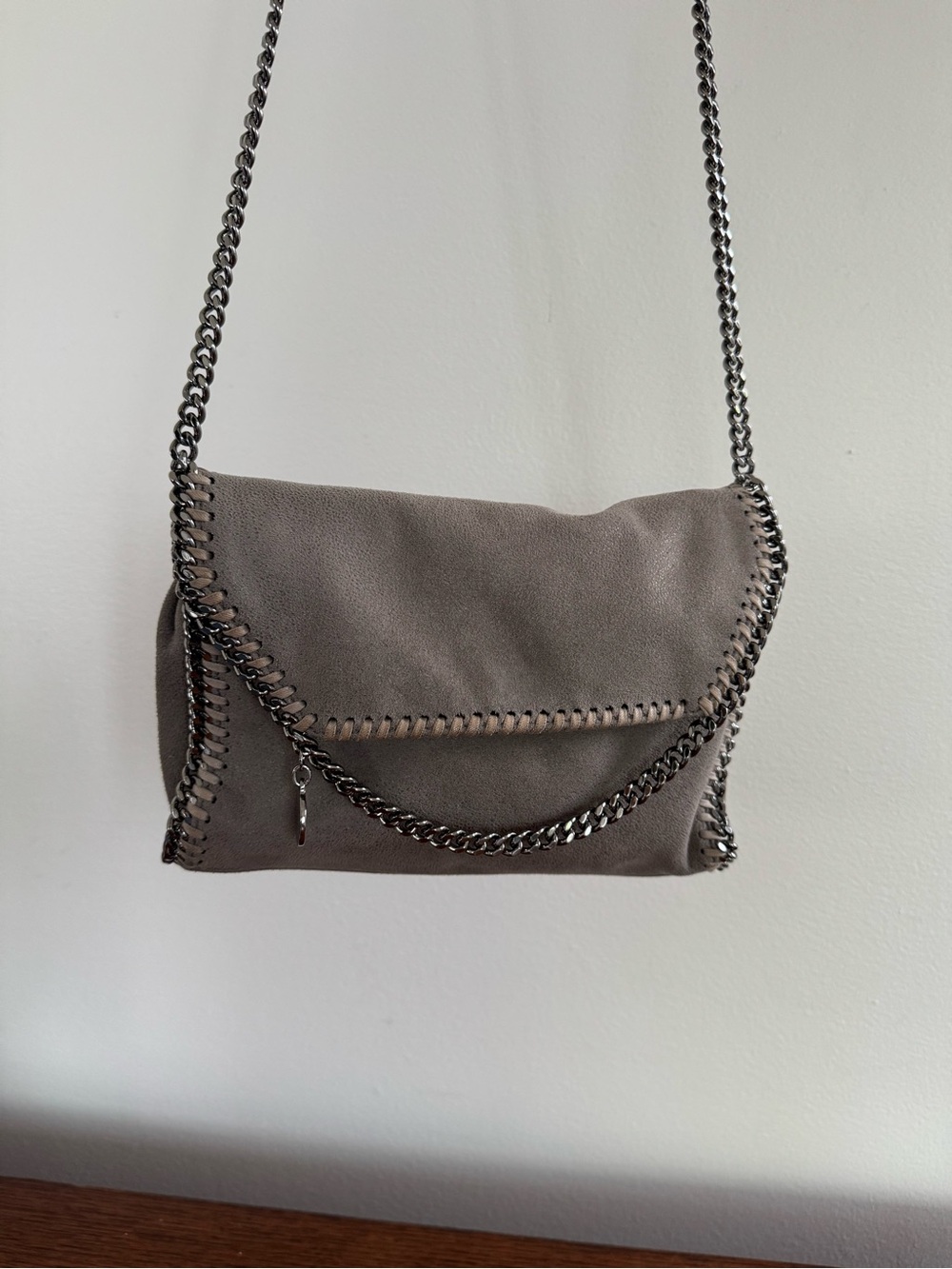 Stella McCartney Gray Chain-Trim Falabella Crossbody Flap Bag w/COA